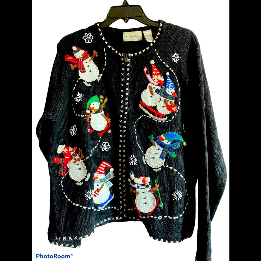 Lemon Grass Embroidered Snowmen Christmas Sweater